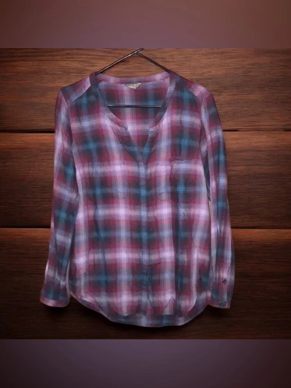 Plaid V-Neck Long Sleeve Blouse in Berry and Teal